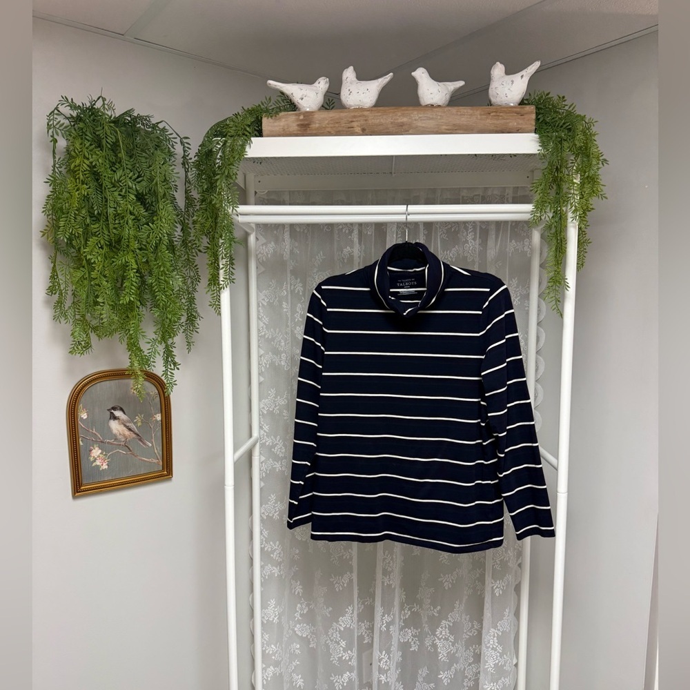 Talbots Cotton Striped Turtleneck Top | Long Sleeve Cotton - Size Large Petite